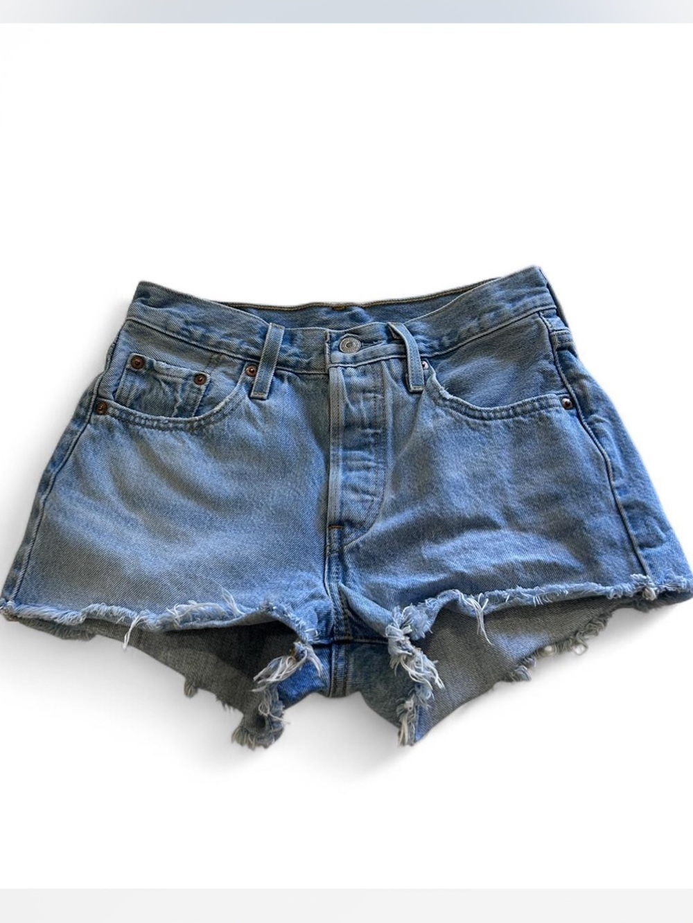 Levi's 501 Original Fit Blue Denim Mini Shorts Mid-rise Raw Hem Classic Size 26*